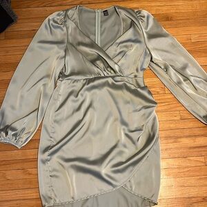 large long sleeve shein green v neck wrap dress